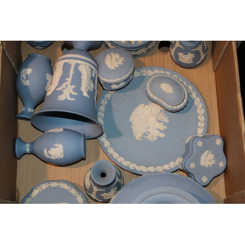 272 - Wedgwood Jasperware in blue to include a pedestal bowl, vases, trinkets and others (Qty).