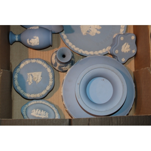 272 - Wedgwood Jasperware in blue to include a pedestal bowl, vases, trinkets and others (Qty).