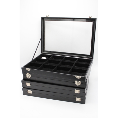 277 - Four leather-effect display cabinets, suitable for jewellery at antiques fairs etc, 35cm x 24cm (4).