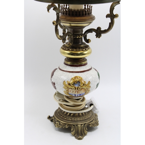 286 - Victorian style oil lamp with electric light fitting, brass base, ceramic bowl and yellow glass shad... 