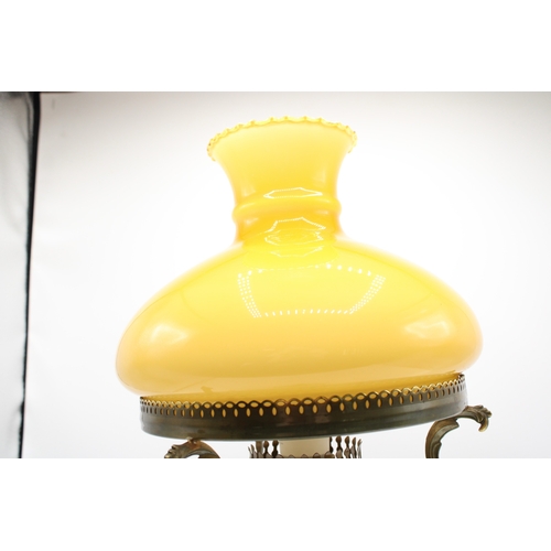 286 - Victorian style oil lamp with electric light fitting, brass base, ceramic bowl and yellow glass shad... 