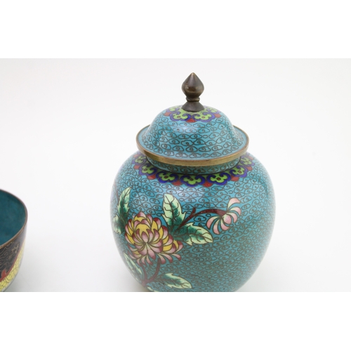 510 - A collection of c20th Chinese Cloisonne pieces including  a large bowl with two small bowls, a lidde... 