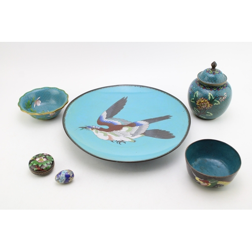 510 - A collection of c20th Chinese Cloisonne pieces including  a large bowl with two small bowls, a lidde... 