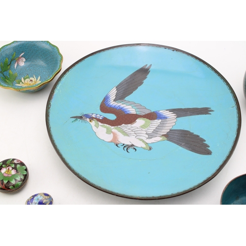 510 - A collection of c20th Chinese Cloisonne pieces including  a large bowl with two small bowls, a lidde... 