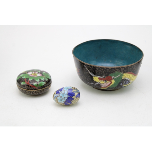 510 - A collection of c20th Chinese Cloisonne pieces including  a large bowl with two small bowls, a lidde... 