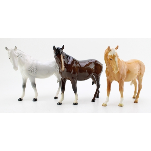 134 - Beswick Mare Facing Left 976, in three different colourways, to include a palomino, a brown and a gr... 