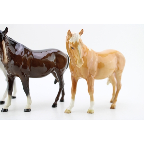 134 - Beswick Mare Facing Left 976, in three different colourways, to include a palomino, a brown and a gr... 
