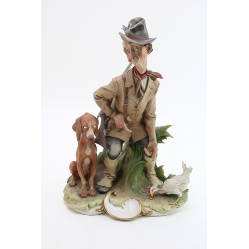 171 - Guiseppe Cappe for Capodimonte 1959 Man Hunter with Dog and Chicken Figurine Group, 26cm tall.