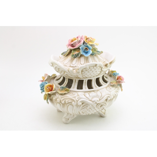 200 - Capodimonte lidded porcelain vase, hand-painted floral design, 24cm tall, 26cm wide.