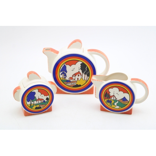 207 - Moorland Pottery Art Deco inspired tea set in the Huntley Cottage pattern, to include a teapot, a li... 