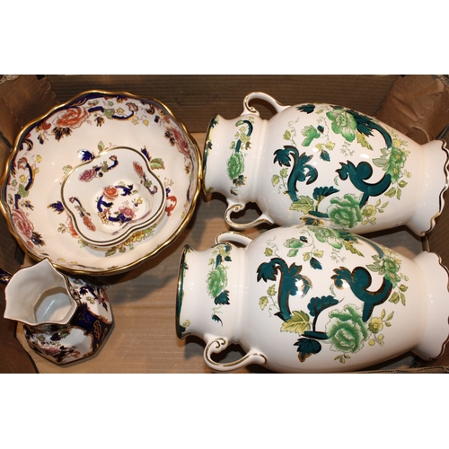 209 - A pair of large Mason's Chartreuse two handled vases, 30cm tall, together with a pair of Blue Mandal... 