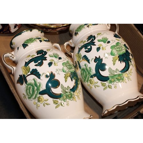 209 - A pair of large Mason's Chartreuse two handled vases, 30cm tall, together with a pair of Blue Mandal... 