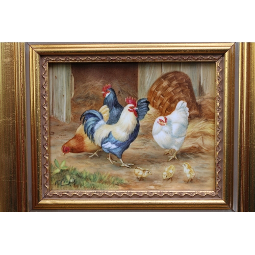 219 - F Clark, Royal Worcester artist, hand painted ceramic tile, signed lower right, depicting chickens a... 
