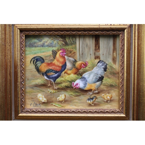 220 - F Clark, Royal Worcester artist, hand painted ceramic tile, signed lower right, depicting chickens a... 