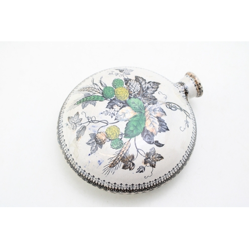 244 - A late 19th century / early 20th century transfer printed pottery circular flask / flagon, with frui... 