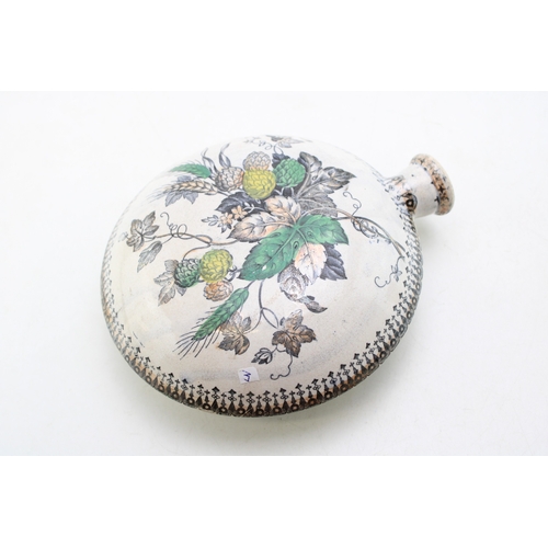 244 - A late 19th century / early 20th century transfer printed pottery circular flask / flagon, with frui... 