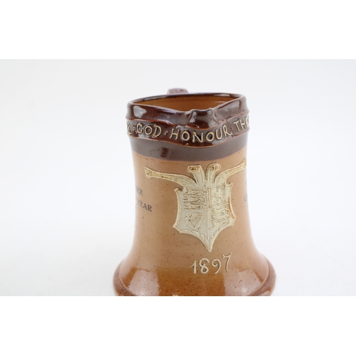 252 - Doulton Lambeth stoneware jug 'the gift of Lees Knowles MP', dated 1897, 17cm tall.