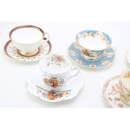 337 - A collection of Cabinet Cup and Saucer Duos - two Queen Victoria  Commemorative examples by Wileman ... 