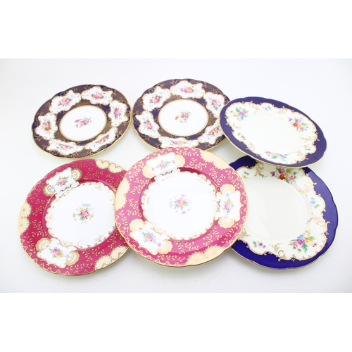 359 - Four Minton and two Coalport plates, 6710/C, H4312 and H4312, cobalt blue, blue and pink ground with... 