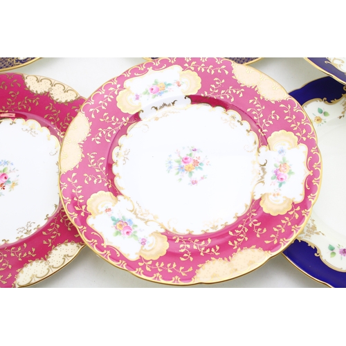359 - Four Minton and two Coalport plates, 6710/C, H4312 and H4312, cobalt blue, blue and pink ground with... 