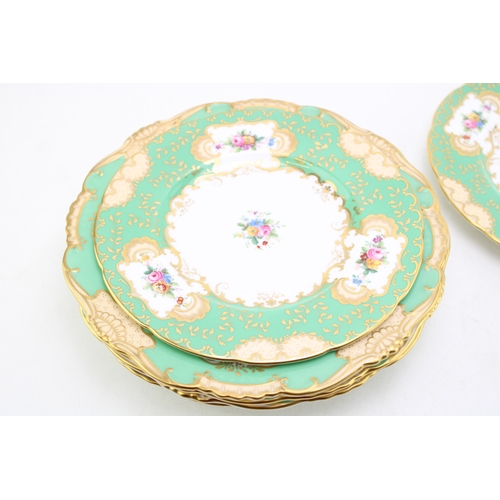 360 - Six Minton plates, H4313 and H4994, green ground with gilt decoration, 23cm diameter, with two small... 