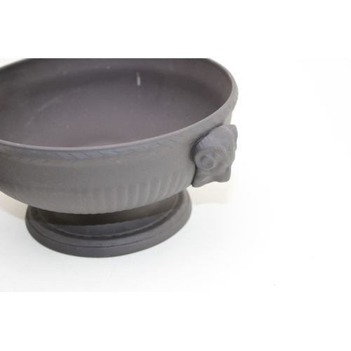 378 - Wedgwood Black Basalt porcelain to include a  Bowl with Ram terminals, Lidded Coffee Pot, Cup and Sa... 