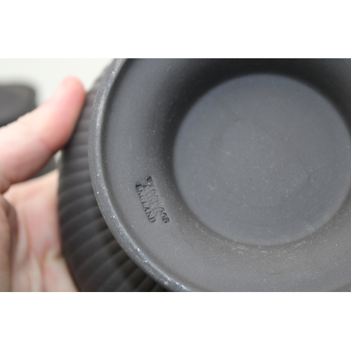 378 - Wedgwood Black Basalt porcelain to include a  Bowl with Ram terminals, Lidded Coffee Pot, Cup and Sa... 