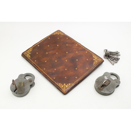 398 - Two vintage padlocks with keys by Laidlaw and Belfry together with a set of antique keys and a leath... 