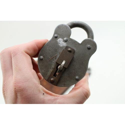 398 - Two vintage padlocks with keys by Laidlaw and Belfry together with a set of antique keys and a leath... 