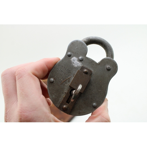 398 - Two vintage padlocks with keys by Laidlaw and Belfry together with a set of antique keys and a leath... 