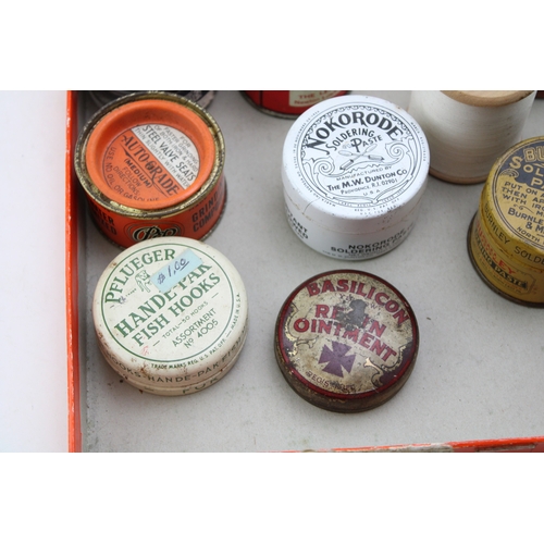 407 - A collection of early 20th century advertising tins and jars to include, Pflueger Hande-Par Fish Hoo... 