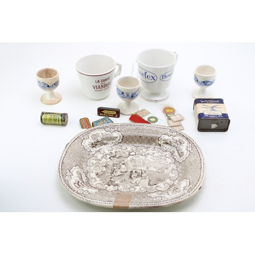 411 - Advertising collectables to include, Beefex cup, La Santa Par Viandox cup, Bacon, Stickney & Co's Ea... 