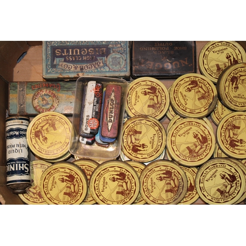 413 - A collection of advertising tins to include tobacco tins, a quantity of vinatge bicycle puncture rep... 