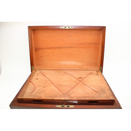 458 - 19th centuty mahogany writing slope, vacant brass escutcheons, oriignal key, 25.5cm x 28.5cm x 17.5c... 