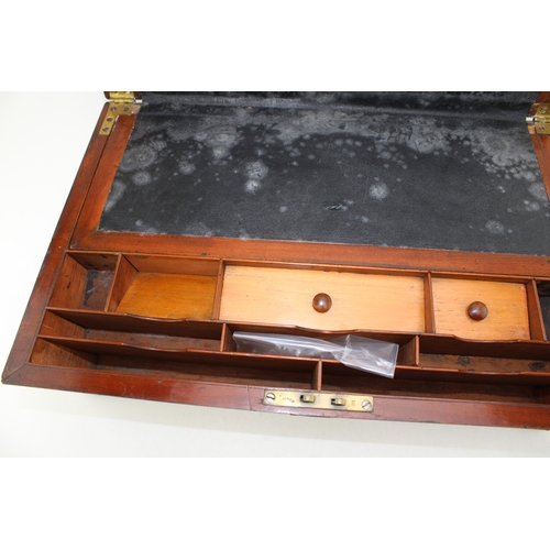 458 - 19th centuty mahogany writing slope, vacant brass escutcheons, oriignal key, 25.5cm x 28.5cm x 17.5c... 