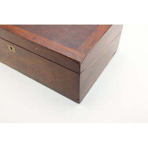 458 - 19th centuty mahogany writing slope, vacant brass escutcheons, oriignal key, 25.5cm x 28.5cm x 17.5c... 