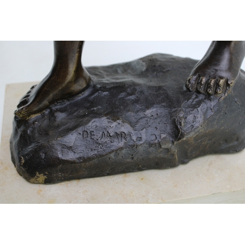 471 - A quality bronzed spelter stature of a fisherman, holding a net, mounted onto polished marble base, ... 