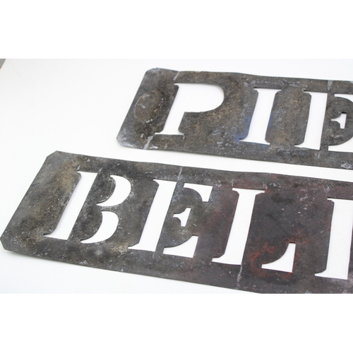 525 - Two metal stencils salvaged from an abattoir, 'PIECES' and 'BELLIES' Manufactured by J.E Hammond & C... 