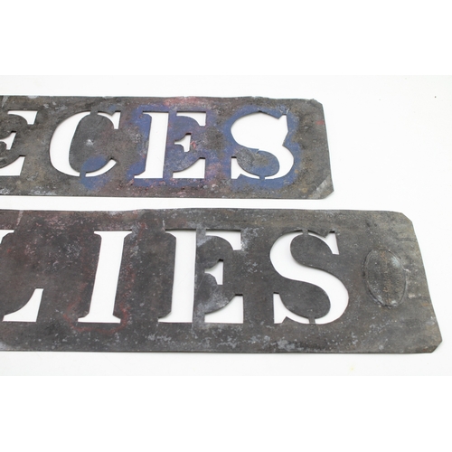 525 - Two metal stencils salvaged from an abattoir, 'PIECES' and 'BELLIES' Manufactured by J.E Hammond & C... 