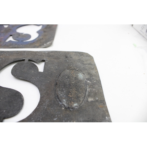 525 - Two metal stencils salvaged from an abattoir, 'PIECES' and 'BELLIES' Manufactured by J.E Hammond & C... 