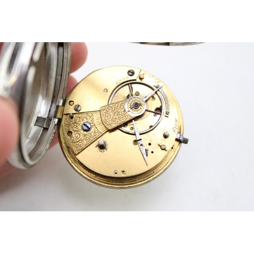571 - Silver open faced pocket watch, roman numerals with gilt detailing, engine blued hands, outer minute... 