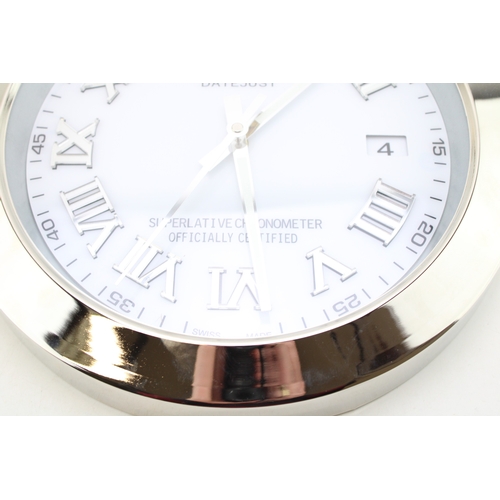 573 - A large dealership clock, in the style of an Oyster Perpetual Datejust, 34cm diameter.