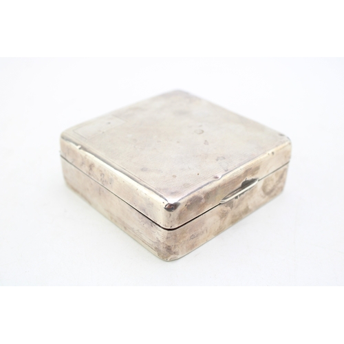 575 - Silver cigarette box, 219.2g gross weight, circa 9cm x 9cm, hallmarks rubbed.
