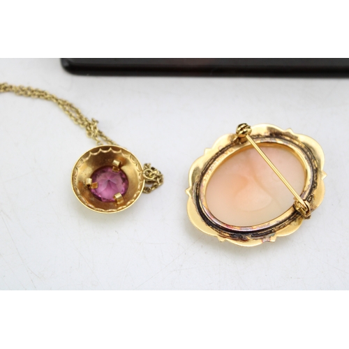 594 - Victorian papier mache box together with antique rolled cameo and rolled gold pendant, (3).