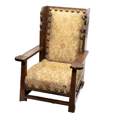 Scarce Liberty & Co London Arts & Crafts Throne Chair with Celtic Revival Carving in the Manner of Archibald Knox Upholstered in William Morris Style Fabric c1890