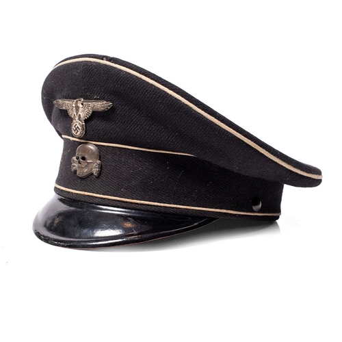 Pre WW2 German Allgemeine SS NCO Peak Visor Cap in Black Garbardine Wool with White Piping with Original Eagle with Swastika and Skull Cap Badges the reverse of the visor has SS RZM mark, SS runes within the celluloid diamond and original RZM label on the inside of the sweatband the size states 57 c1935