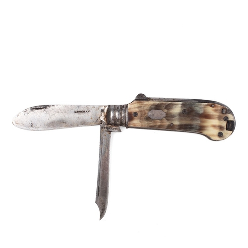 c19th Victorian Coachman's or Horseman's Folding Pocket Knife with original case with cow horn bone handles the blades are stamped 'Luckman' the case bears the name 'Staniforth & Tankard' a possible Sheffield Maker