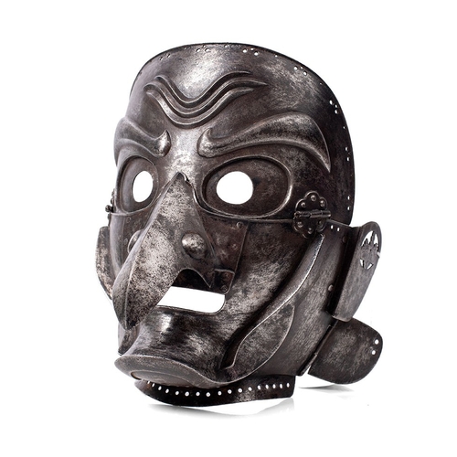 c19th Japanese Samurai Somen Mask Edo period (1603-1868) iron construction front repainted but showing nice aged patina on the reverse with clan motifs and beak nose, impressed marks to underside, believed armorers mark, 19.2cms width and 22.5cms top to bottom