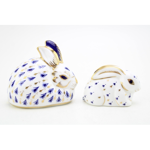Two Royal Crown Derby paperweights, Rabbit, one of the original six paperweights first introduced at the Chatsworth House launch in 1981, together with Baby Rabbit, both date code for 1990 (LIII), gold stoppers and Royal Crown Derby stamp on the base (2).