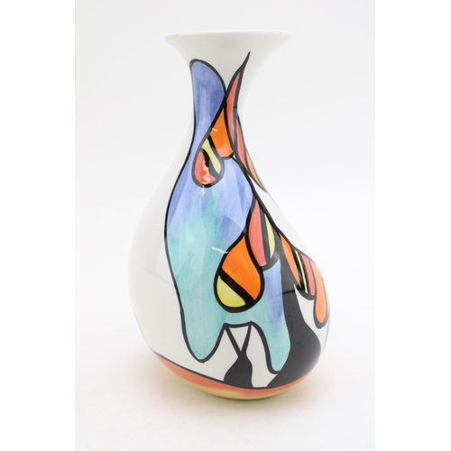 210 - Lorna Bailey vase in The Beeches design, funky shape, 18.5cm tall.